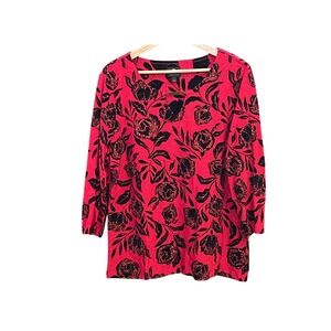 JM Collection Red Black Velvet Flocked Floral Blouse Whimsigoth Romantic Glam